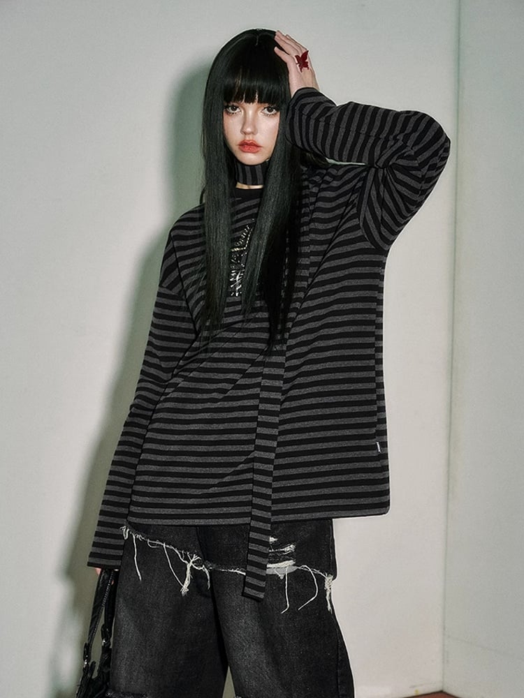 Black and Gray Striped Punk Pins Star Loose Long Sleeves Top