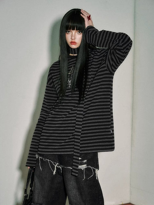 Black and Gray Striped Punk Pins Star Loose Long Sleeves Top