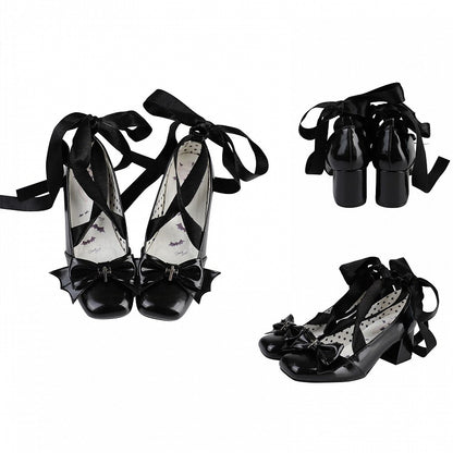Bat Wings Bow Gothic Black Lace-up Block Heels Balletcore Shoes