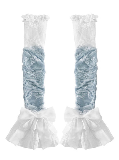 Lace Details Pink/Blue Bowknot Leg Sleeves with Tiered Cuffs