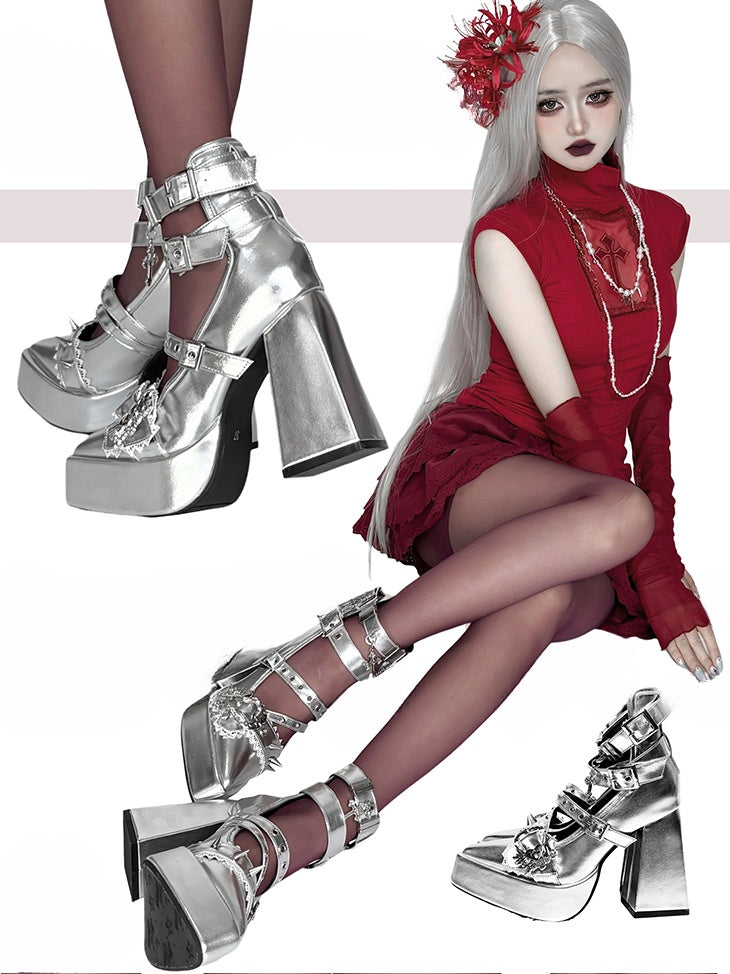 Clearance-Size 40 Gothic Silver Cross Heart Buckle Straps Stud Platform High Block Heels
