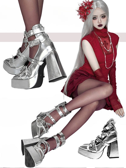 Clearance-Size 40 Gothic Silver Cross Heart Buckle Straps Stud Platform High Block Heels
