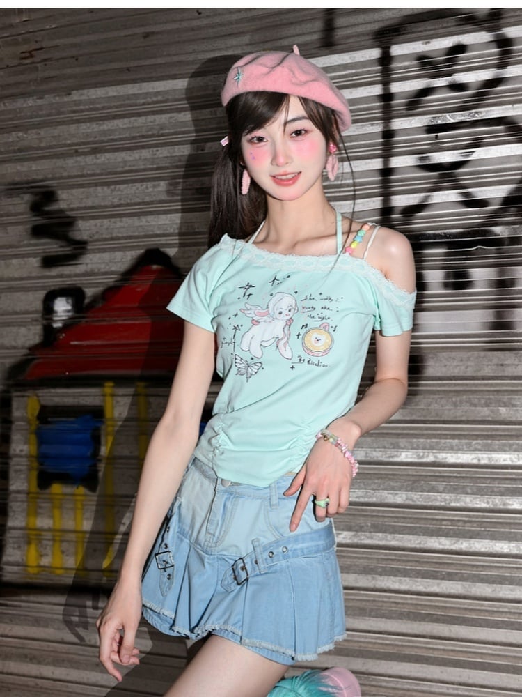 Punk Blue Buckle Straps Raw Hem Denim Glamorous Pleated Skirt