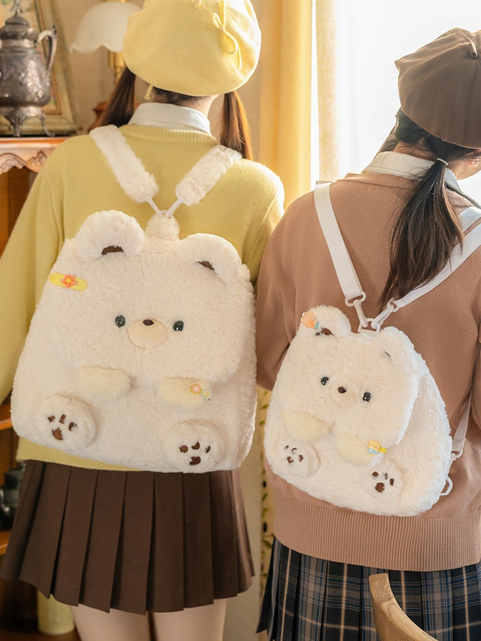White Cute Bear Plush Flap Backpack Bag Middle/Large Size