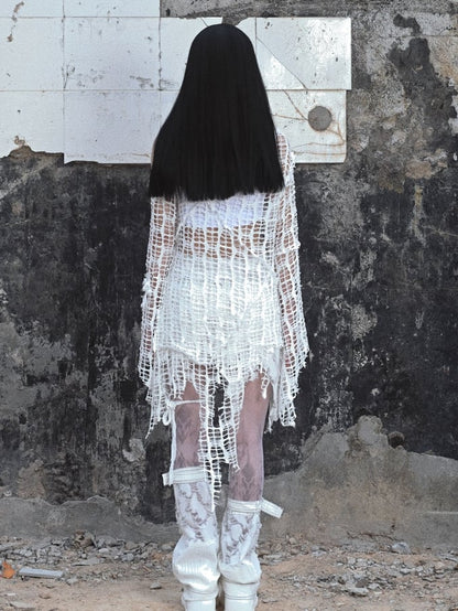 White Bell Sleeves Irregular Distressed Hallow Out Top