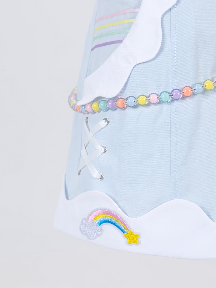 Blue High Waist Shorts with Rainbow Beaded Waist Bowknot Chain