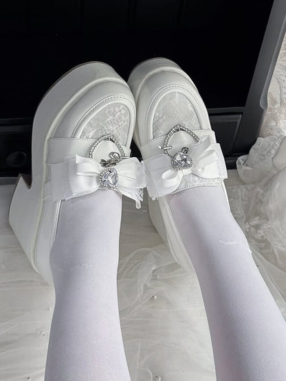 Jirai Kei White Platform Slip-Ons: 9.5cm Block Heel with Round Toe, Bow & Heart Rhinestone