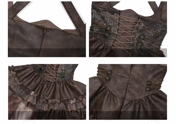 Brown Western Style Steampunk Asymmetrical PU Overall Dress with Detachable Train