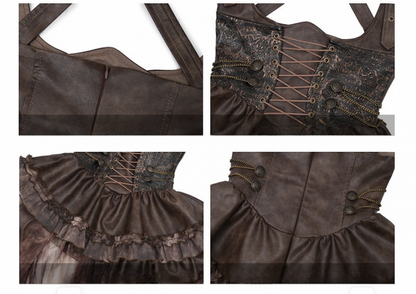 Brown Western Style Steampunk Asymmetrical PU Overall Dress with Detachable Train