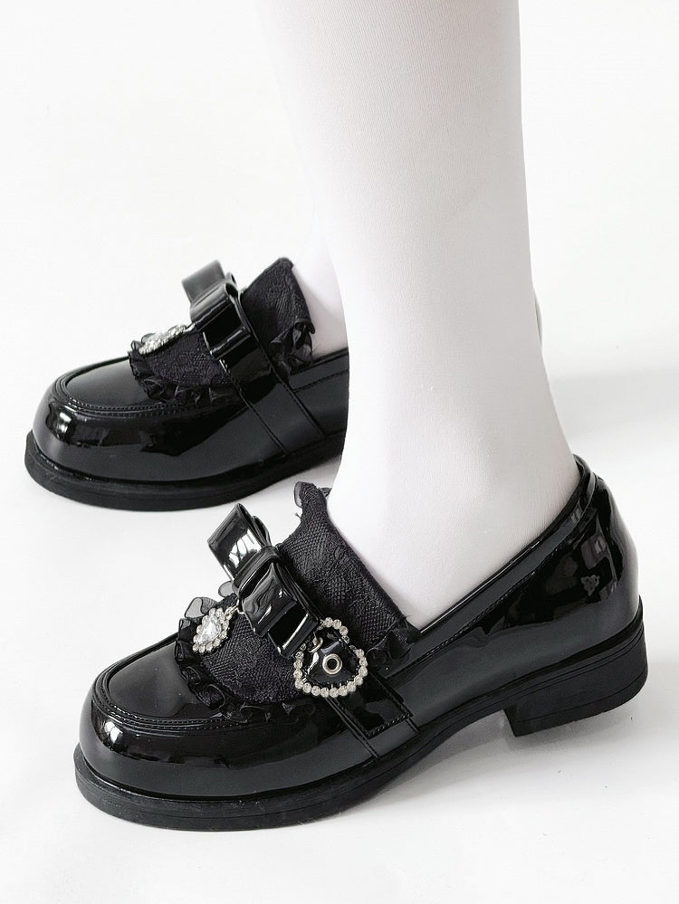 Polished Black Jirai Kei Slip-On Loafers - Low Heel with Rhinestone Decor Bow Accents