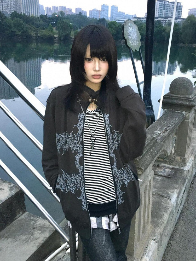 Dark Gray Stand Collar Zip-Up Hoodie with Punk Graphic Print