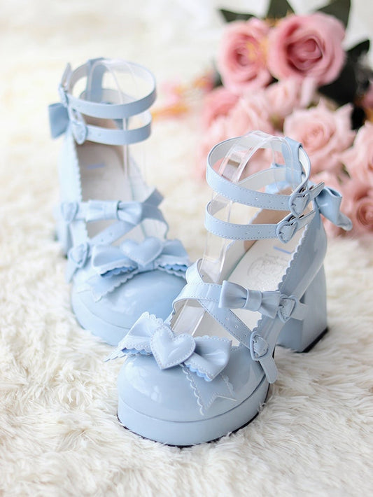 Blue Sweetheart and Bow Accents Sweet Lolita Platform High Block Heels
