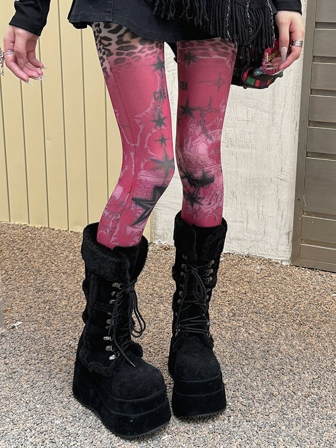 Red 100D/20D Star Leopard Print Lace Trim Tights