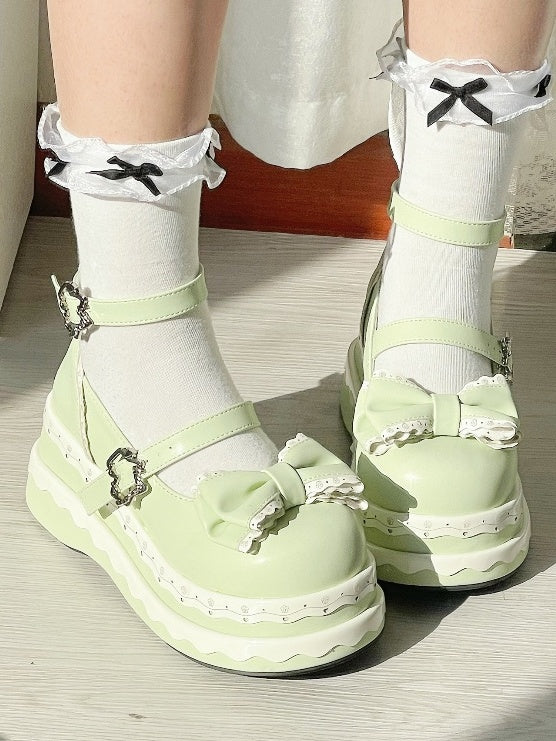 Lolita Cute Light Green Bowknot Cake Pattern Buckle Straps Platform Shoes