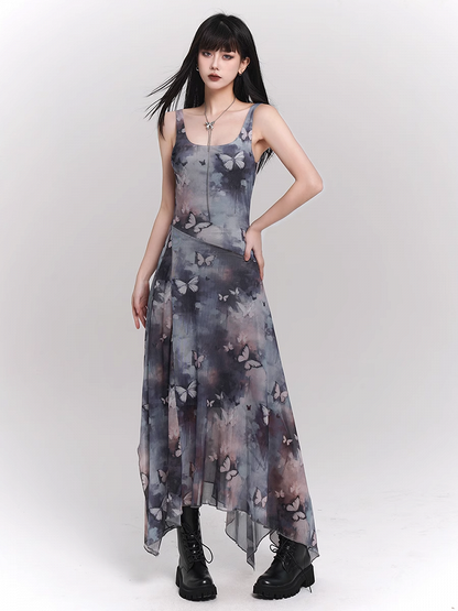 Blue & Purple Butterfly Print Asymmetrical Hem Sleeveless Dress