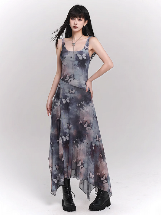 Blue & Purple Butterfly Print Asymmetrical Hem Sleeveless Dress