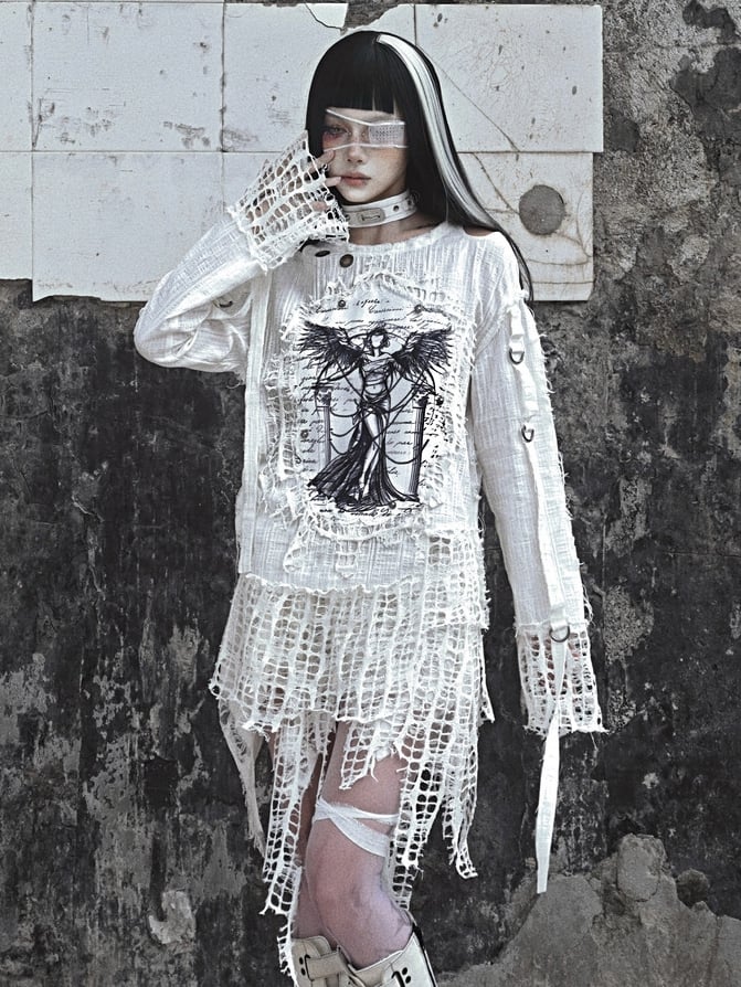 White Angel Print Cutout Shoulders Punk Oversize Sweat Shirt