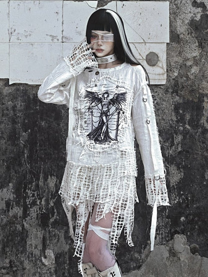White Angel Print Cutout Shoulders Punk Oversize Sweat Shirt