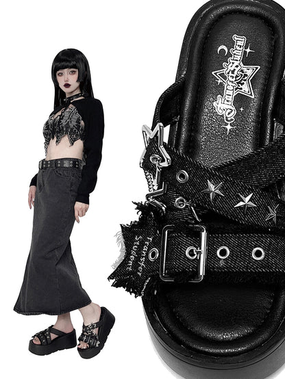 Star-shaped Buckles and Studs Black Denim Punk Platform Slippers
