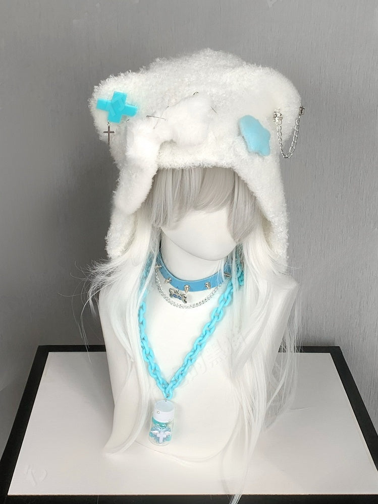 Blue/Pink Cross and Pin Accents Bear Ear Plush Hat with Bone and Star Plushie