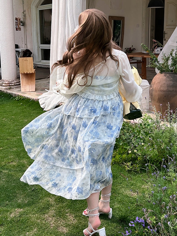 Plus Size Blue High Waist Floral Summer Holiday Dress