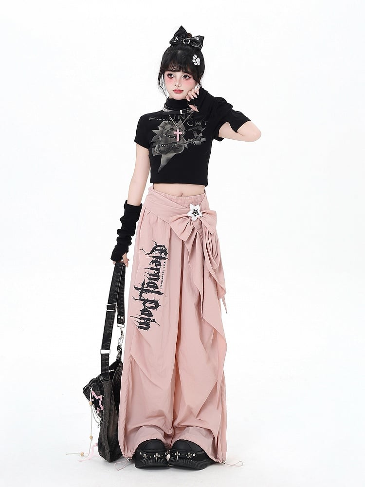 Black / Pink Low Waist Loose Fit Cargo Pants with Detachable Waist Accessory
