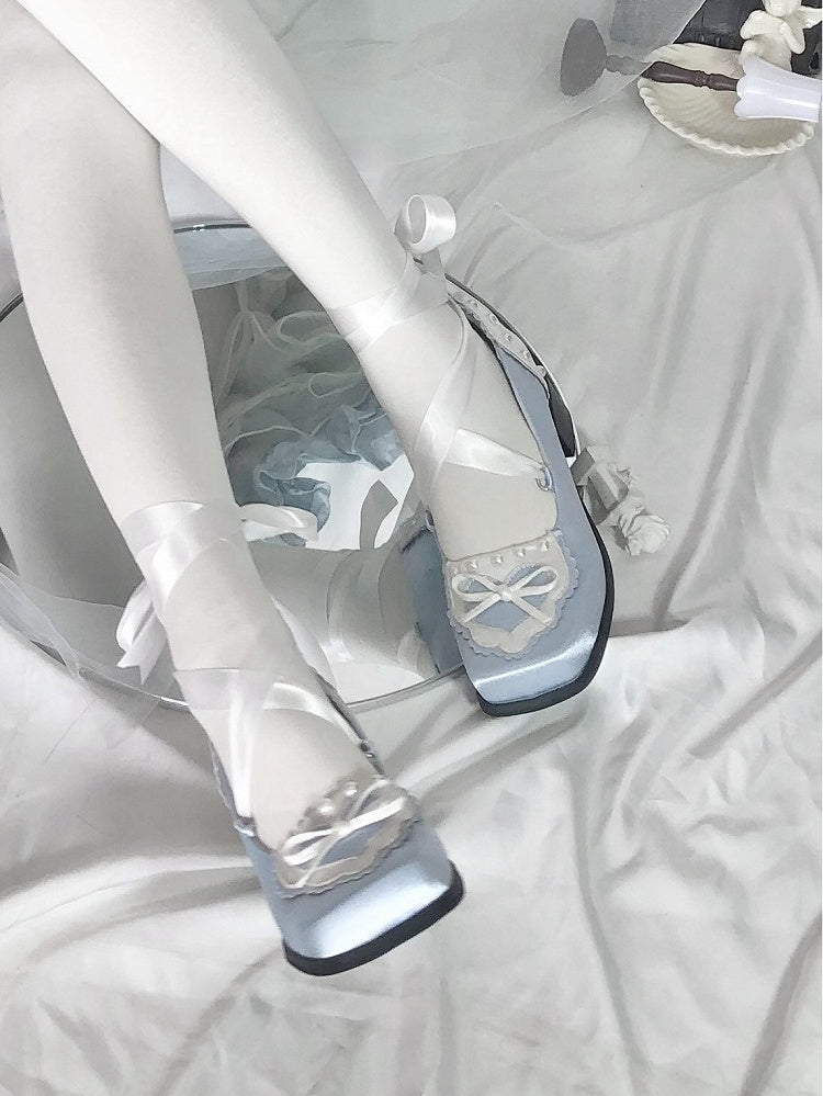 Blue Balletcore Lace-up at Ankle Square-toe Satin Shoes