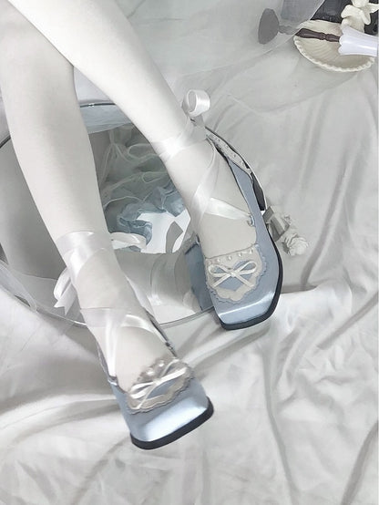 Blue Balletcore Lace-up at Ankle Square-toe Satin Shoes