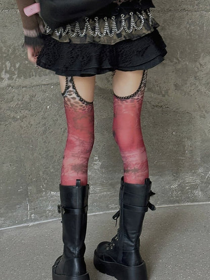 Red 100D/20D Star Leopard Print Lace Trim Suspender Tights
