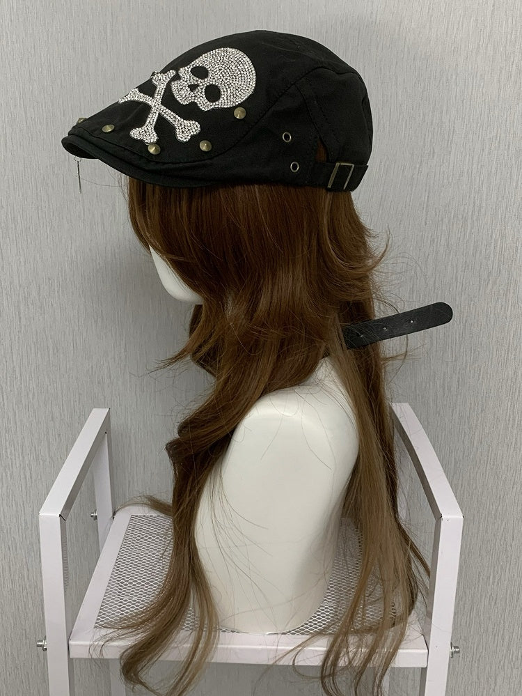 Black Punk Studs And Pin Details Rhinestone Skeleton Decorated Beret Hat