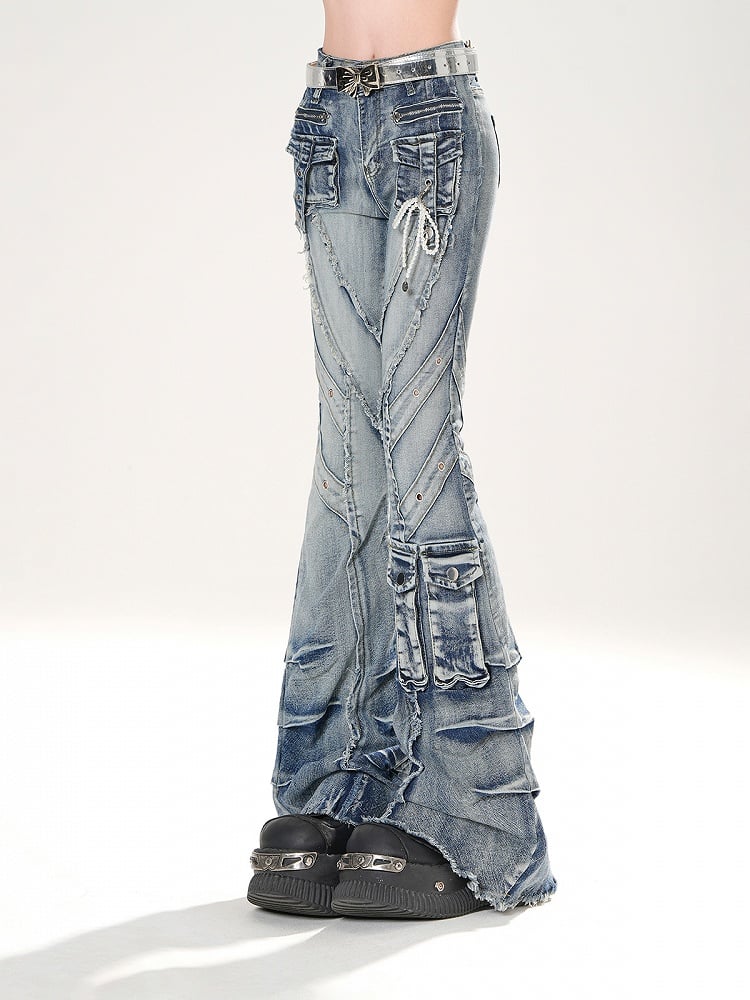 Blue Faded Wash Cargo Pockets Raw Hem Distressed Flared Jeans