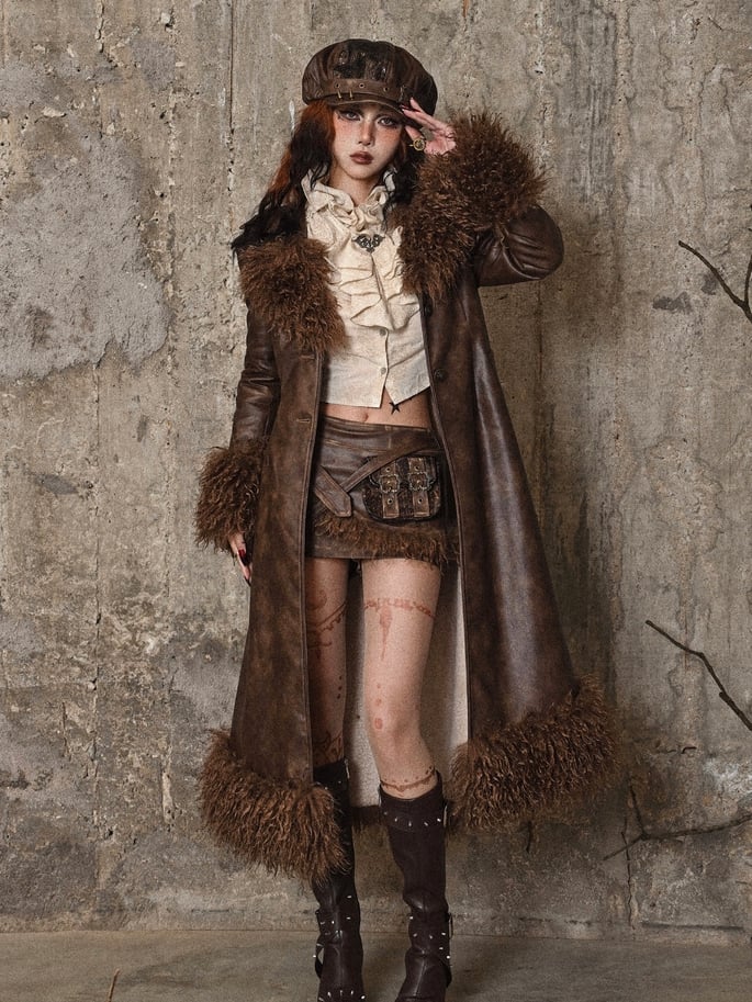 Brown Vintage Mailard Winter Padded Coat PU Leather Fabric