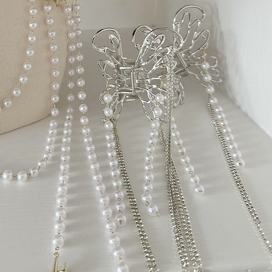 Black / White Bead Chain Butterfly Claw Clips