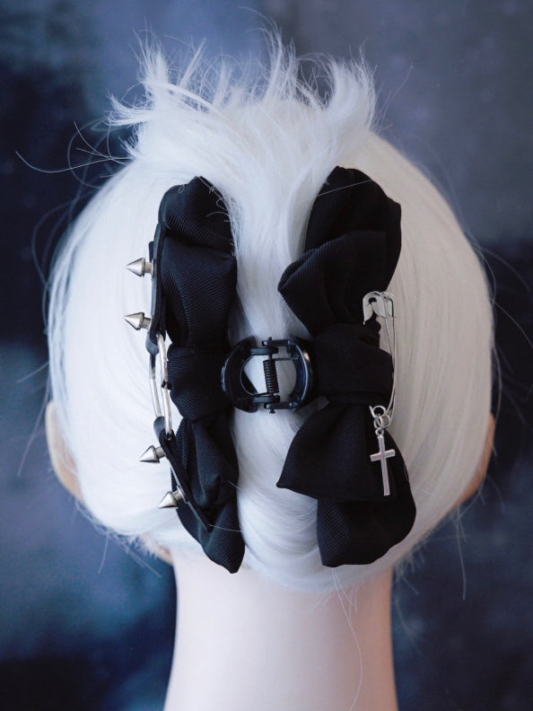 Gothic Cross Decorated Black Bowknot With Heart Buckle Claw Clip