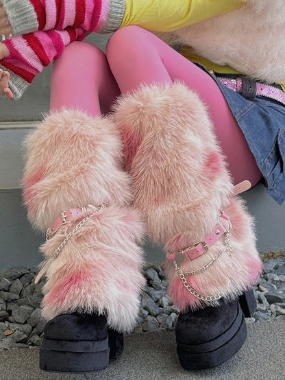 Pink/Dusty Blue/Yellow Y2K Buckle Straps Shaggy Leg Warmers