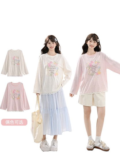 Sweet Floral Print Lace Trim Biege/Pink Round Neck Top