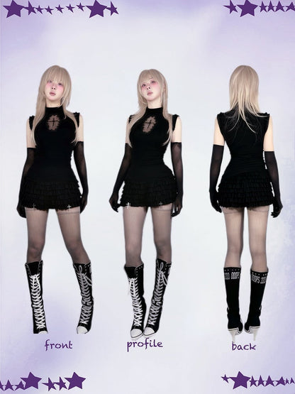 Black Elastic Waist Cross Charms Tiered Ruffles Skort