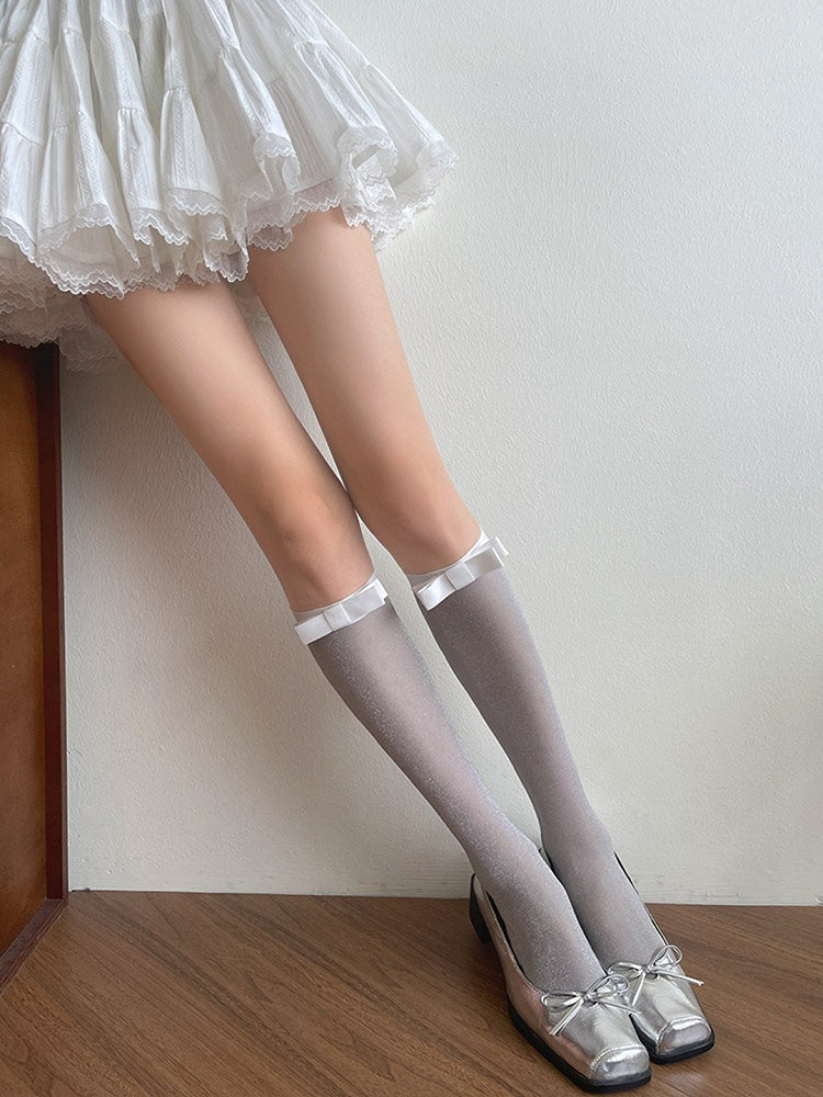 Light Grey/Black Bowknot Details Semi-sheer Underknee Stockings