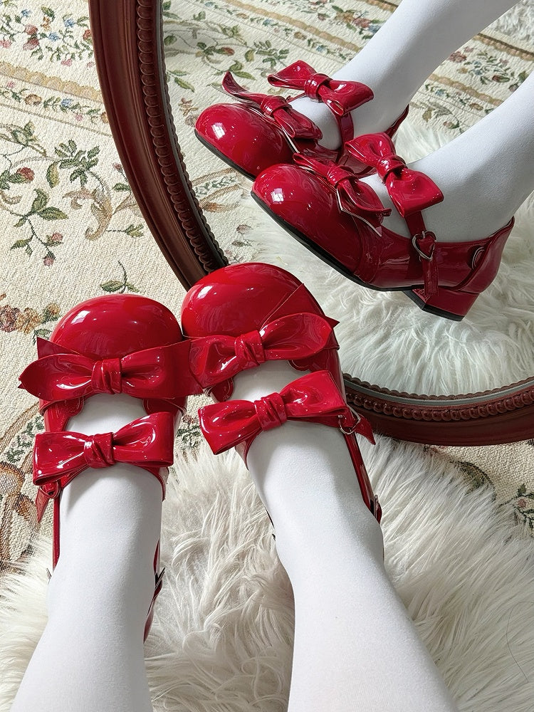 Wine Red Bow Accents Point Toe Sweet Lolita Block Heels