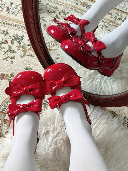 Wine Red Bow Accents Point Toe Sweet Lolita Block Heels