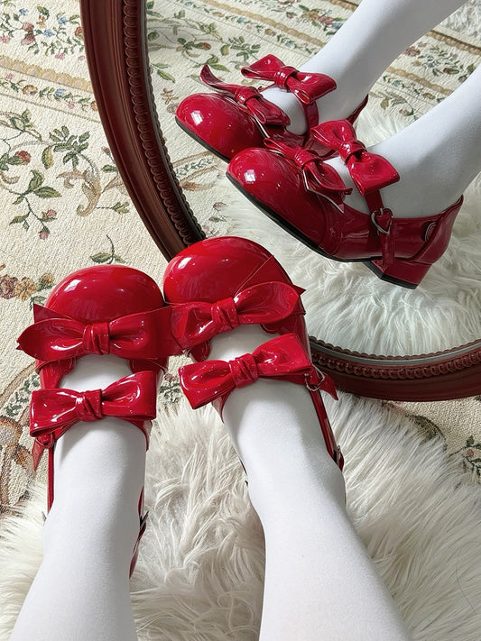 Wine Red Bow Accents Point Toe Sweet Lolita Block Heels