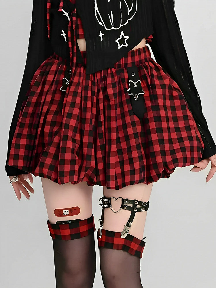 Y2K Star Buckles Black & Red / Black & Gray Plaid Bubble Skirt