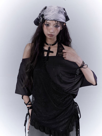 Black Cross Rhinestone Curved Hem Halter Neck T-shirt