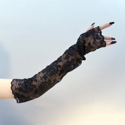 Gothic Black/White Rosette Pattern Lace Fingerless Gloves