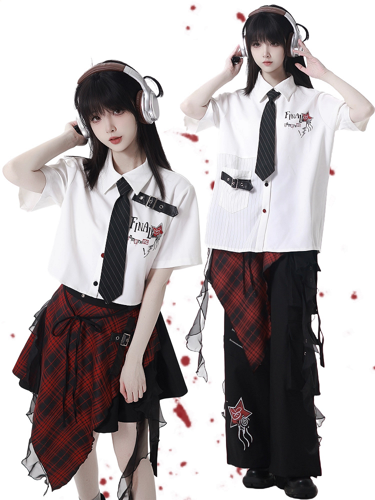 Contrast Red and Black Buttons Leather Buckle Strap White Short Sleeves Shirt Long/Short Version