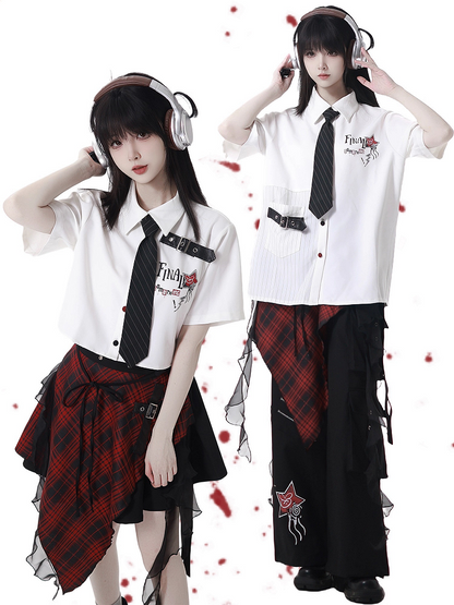Contrast Red and Black Buttons Leather Buckle Strap White Short Sleeves Shirt Long/Short Version