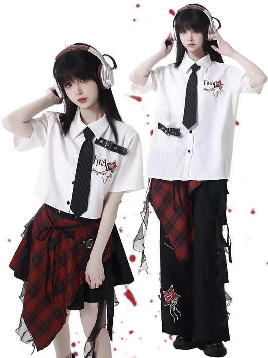 Contrast Red and Black Buttons Leather Buckle Strap White Short Sleeves Shirt Long/Short Version