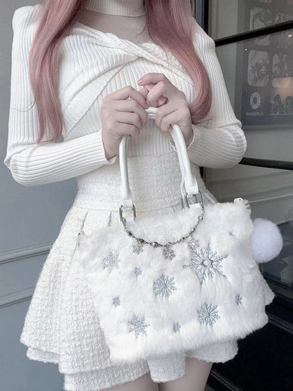 Light Blue Snowflake Embroidery Plush Tote Bag with Beaded Chain / Rhinestone Chain