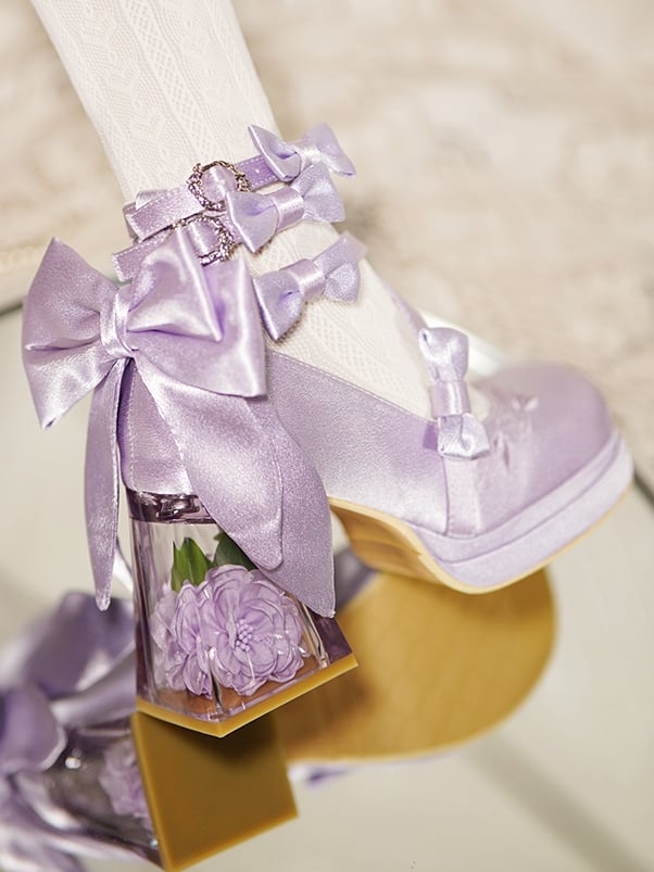 Purple Camellia Flower High Block Heel Elegant Platform High Heels