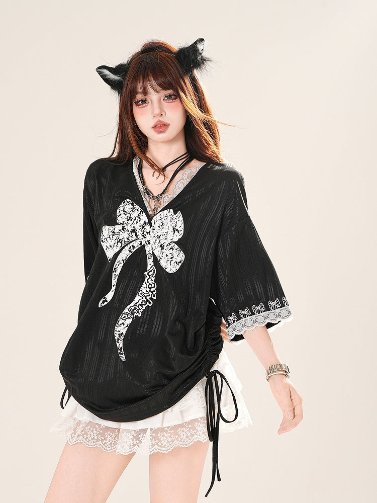 Big Bow Print Lace Trim Drawstring Side Black/White V-neck T-shirt